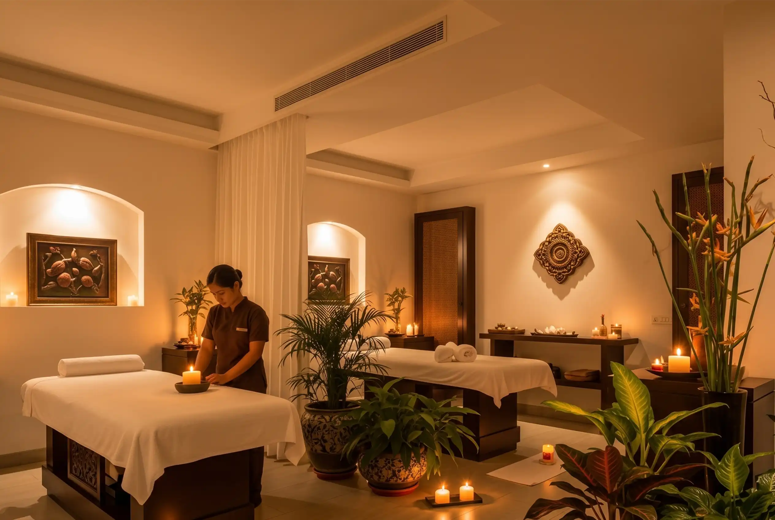 Sala de tratamientos con doble camilla y ambiente zen en spa de Hotel El Zarzo, Provenza Medellín.