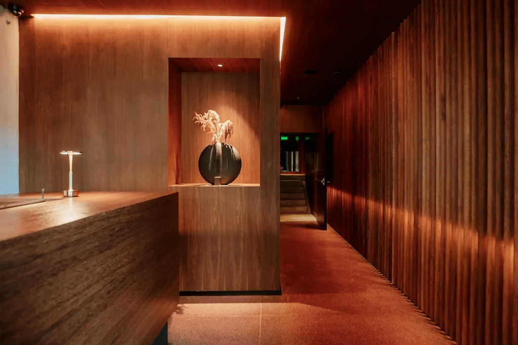 Lobby de Hotel El Zarzo con mostrador en madera y corredor iluminado en Provenza Medellín.